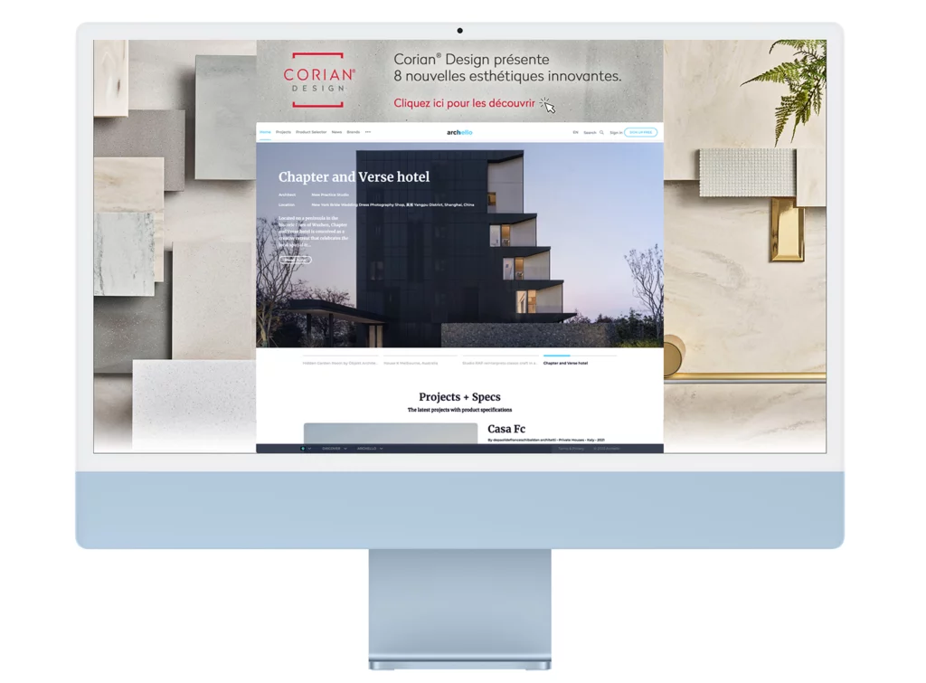 iMac che visualizza un sito web con i banner pubblicitari di DuPont Corian