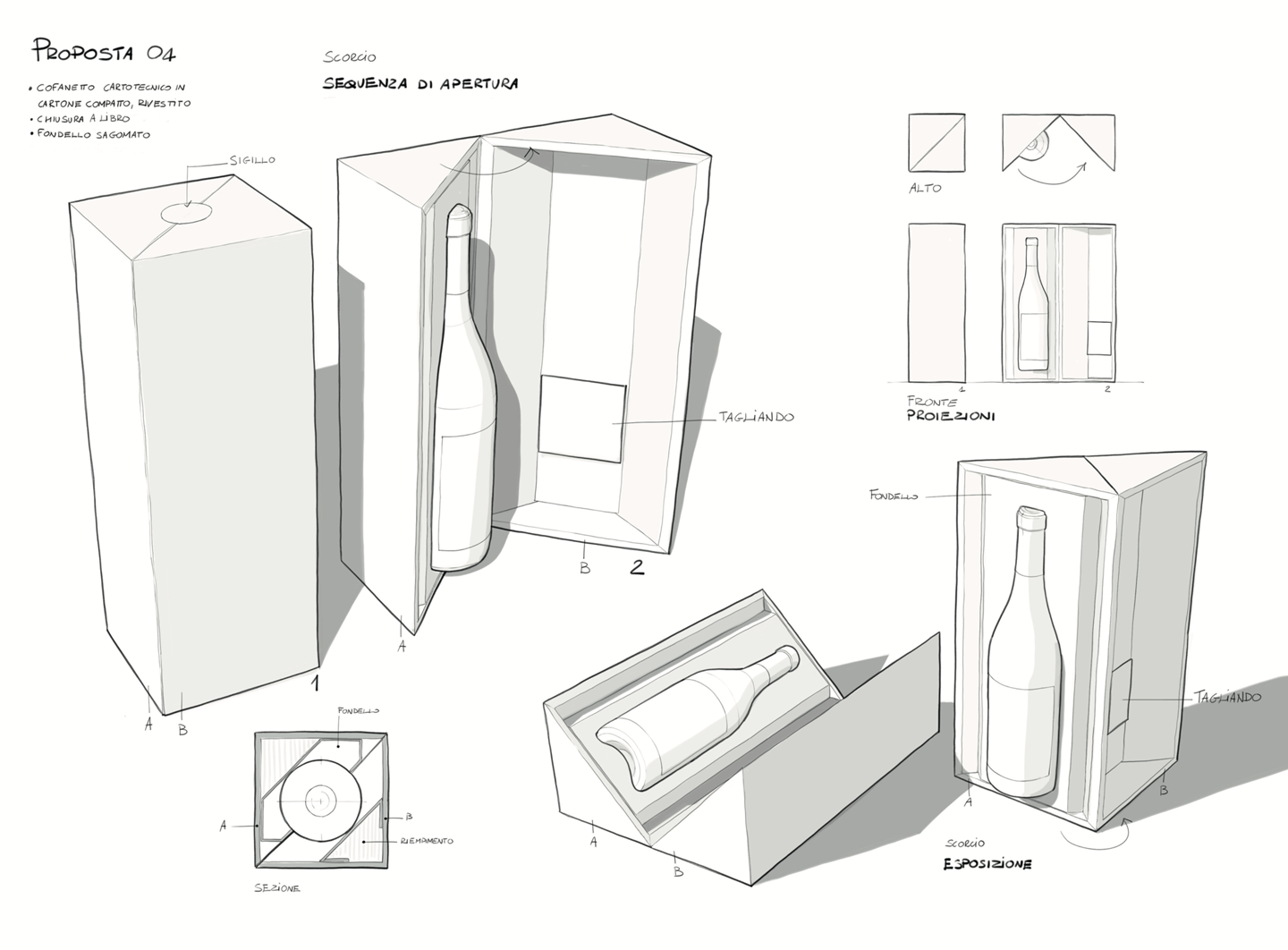 Disegni per lo studio di una confezione per bottiglia di vino