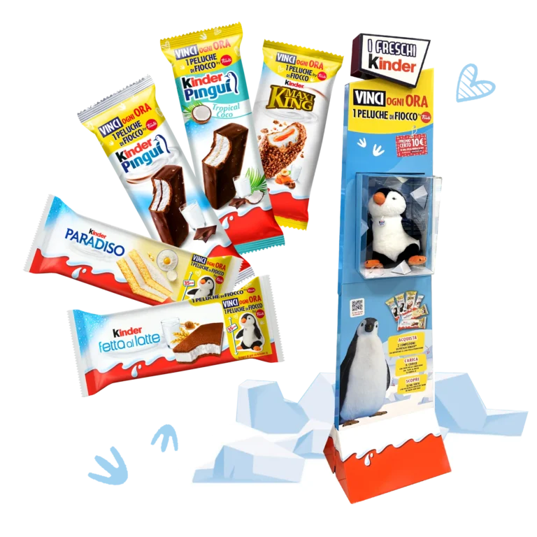 Totem promozionale con confezioni dei prodotti Freschi Kinder per la promozione del peluche Fiocco