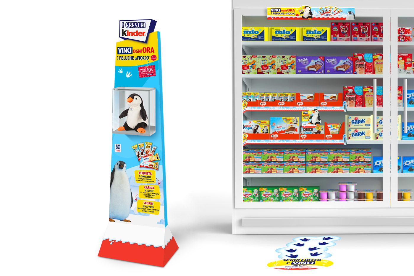 Allestimento promozionale di Freschi Kinder di una corsia frigo di supermercato