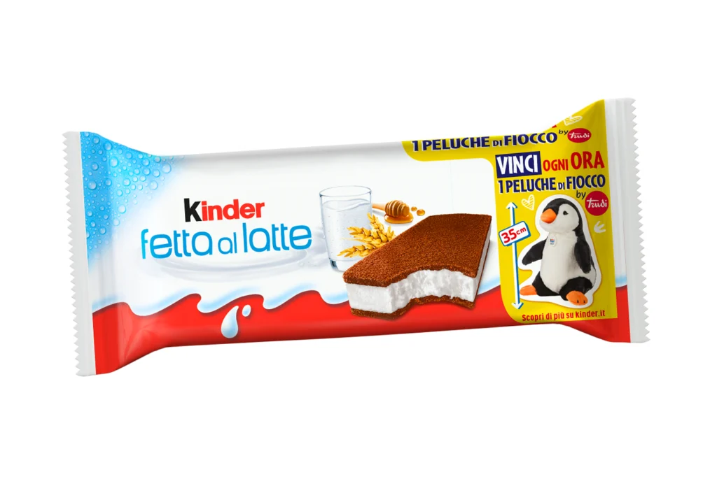 Confezione singola di Kinder Fetta al Latte con promozione peluche fiocco