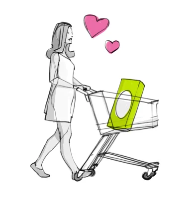 Illustrazione donna con carrello della spesa pieno dei prodotti preferiti