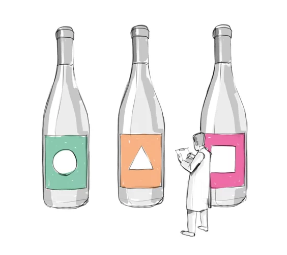 Illustrazione Uomo che confronta tre bottiglie giganti